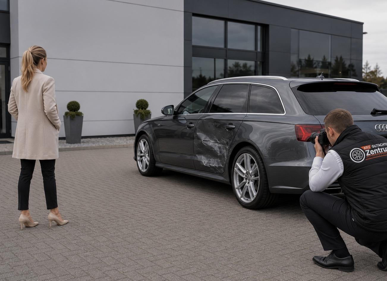 Kfz-Sachverständiger bei der mobilen Begutachtung an einem Firmenstandort
